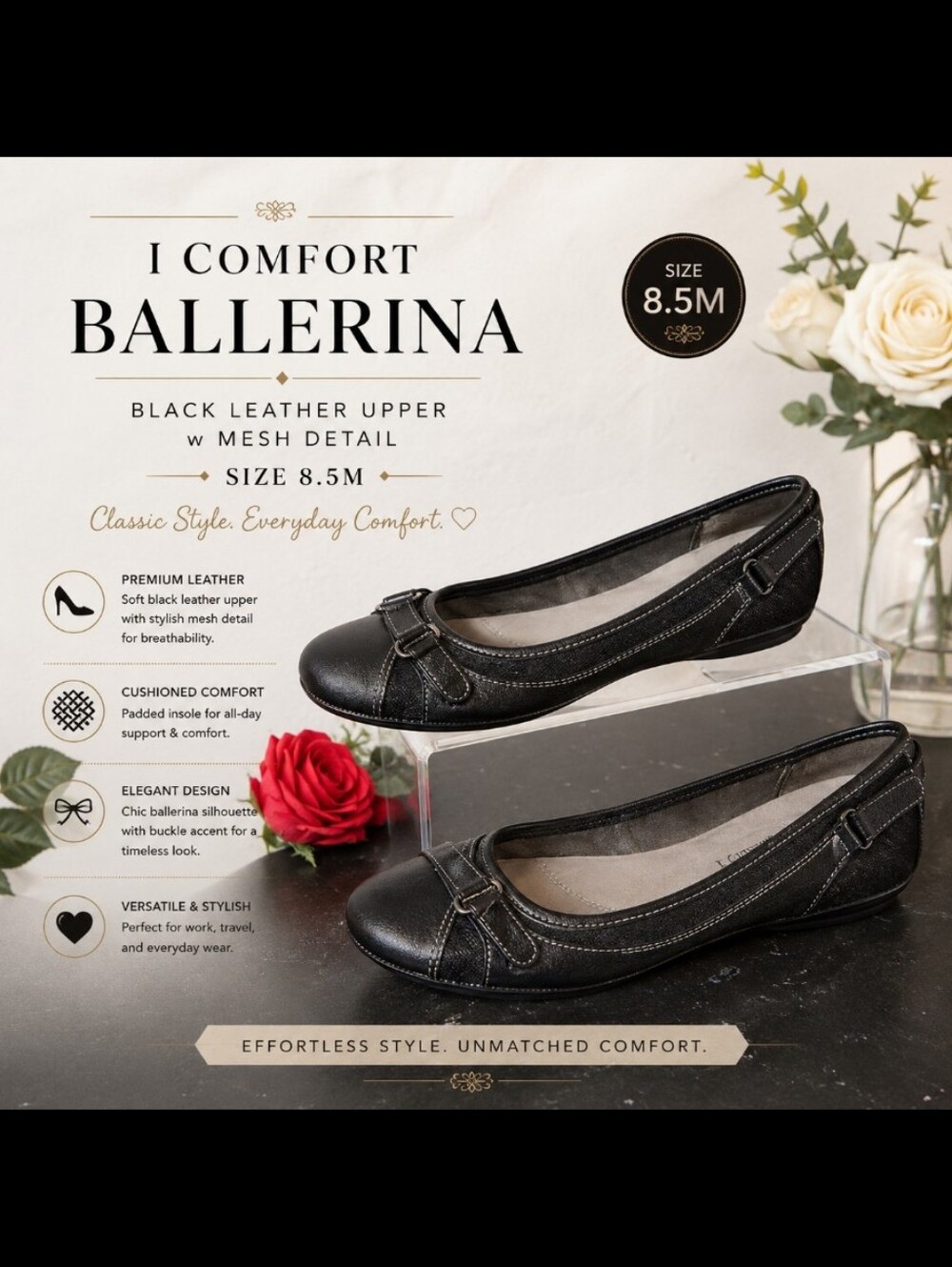 I COMFORT 8.5M Ballerina Black Leather Upper w Mesh Detail